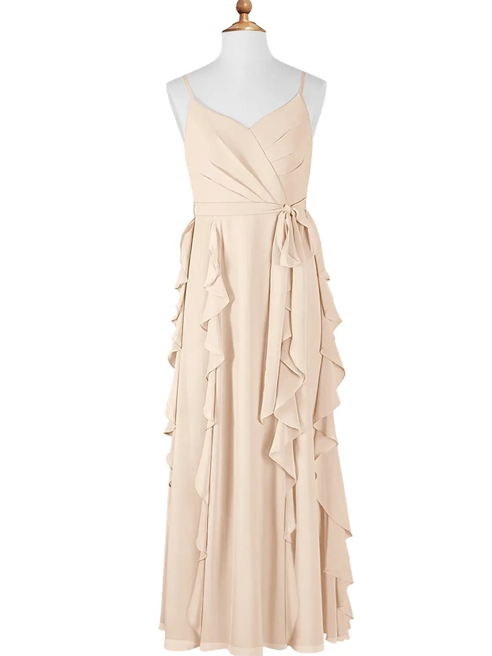 Azazie Peyton Junior Alabaster A-Line V-Neck Cascading Ruffles Cream Dress